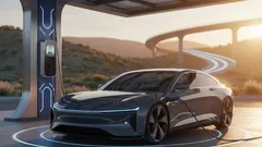 Sähköauto latausasemalla auringonlaskun aikaan, taustalla tie ja vuoria.